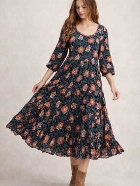 Passementrie Floral Tiered Midi Dress Boho Peasant Black Orange XS